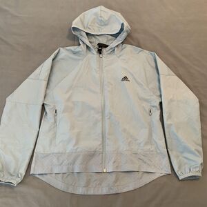Adidas Jacket Womens Medium Light Blue Hooded Windbreaker Full Zip Reflective